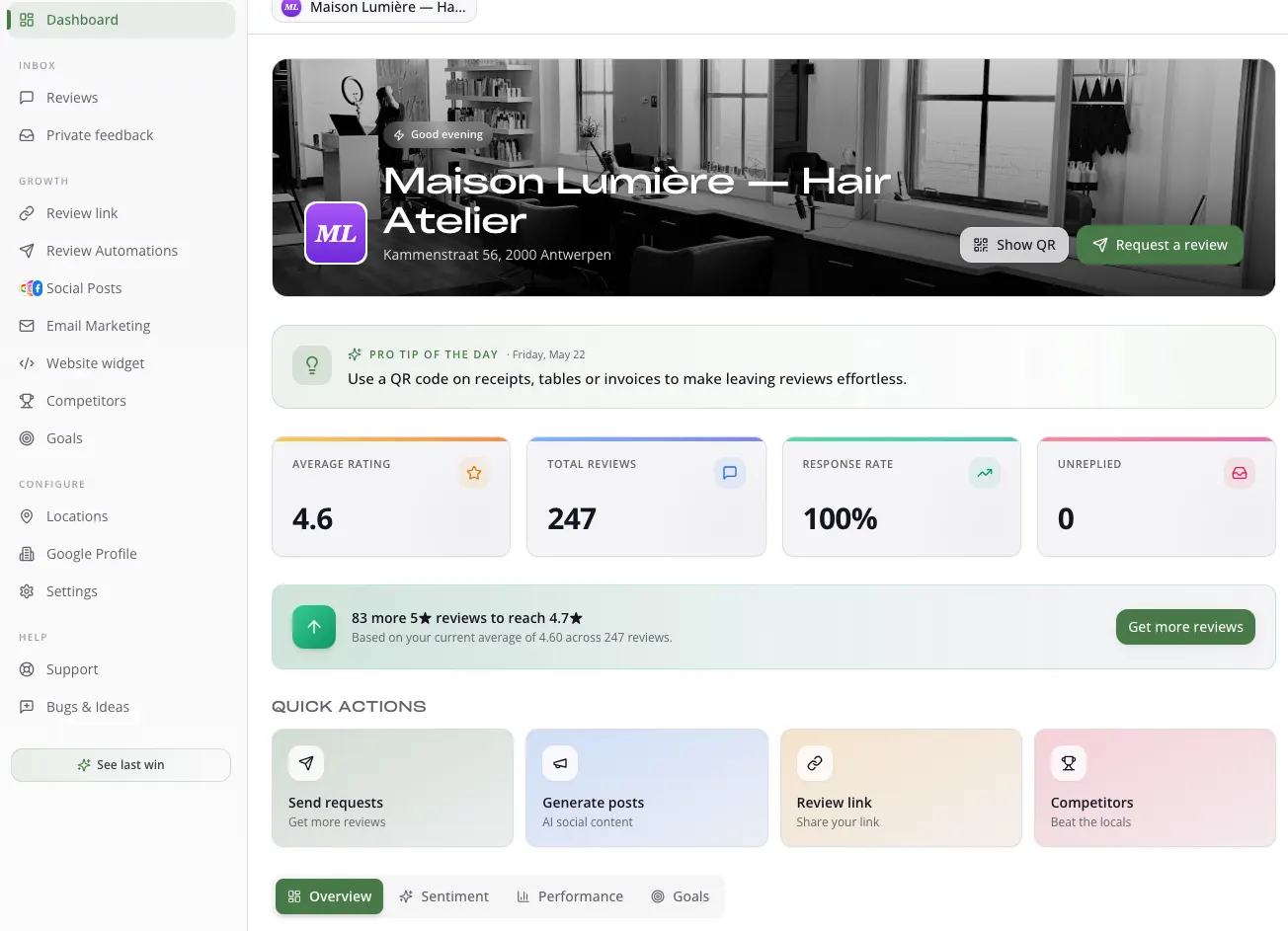 RecensioAI dashboard, sentiment, performance, posts, reviews and local SEO in one view