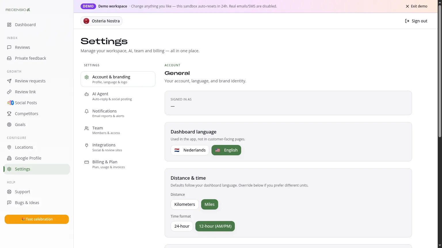 General settings, workspace, language & units