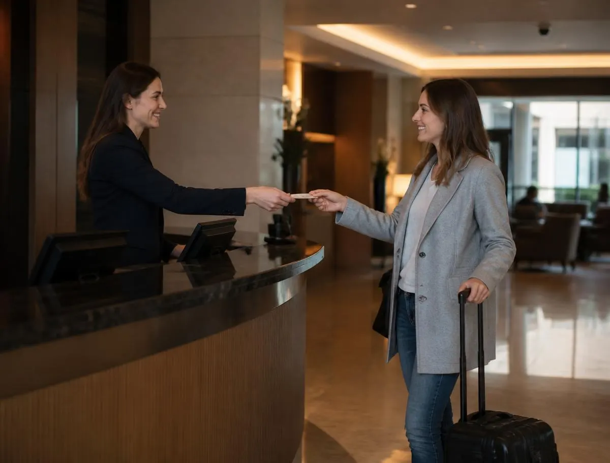 Guest checking out at hotel desk