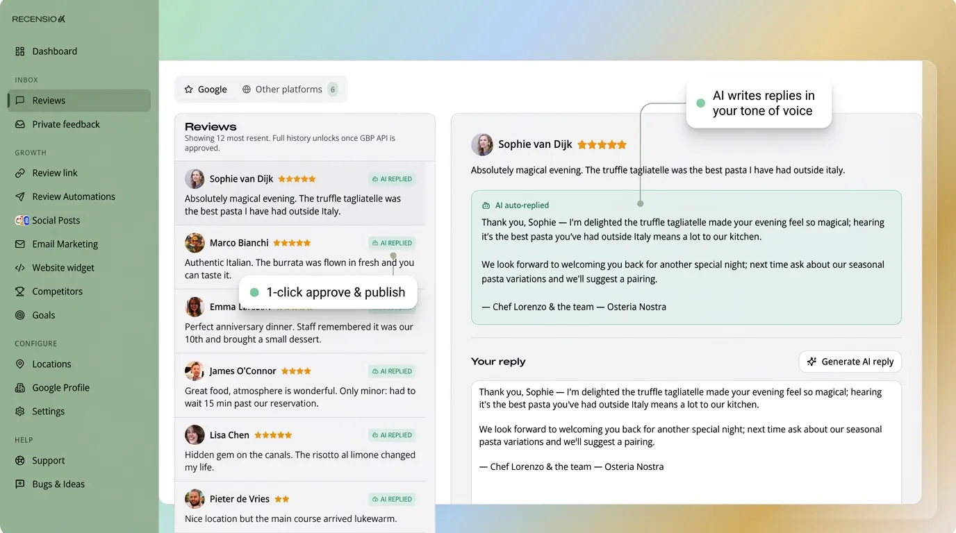 Shared reviews inbox in the RecensioAI dashboard