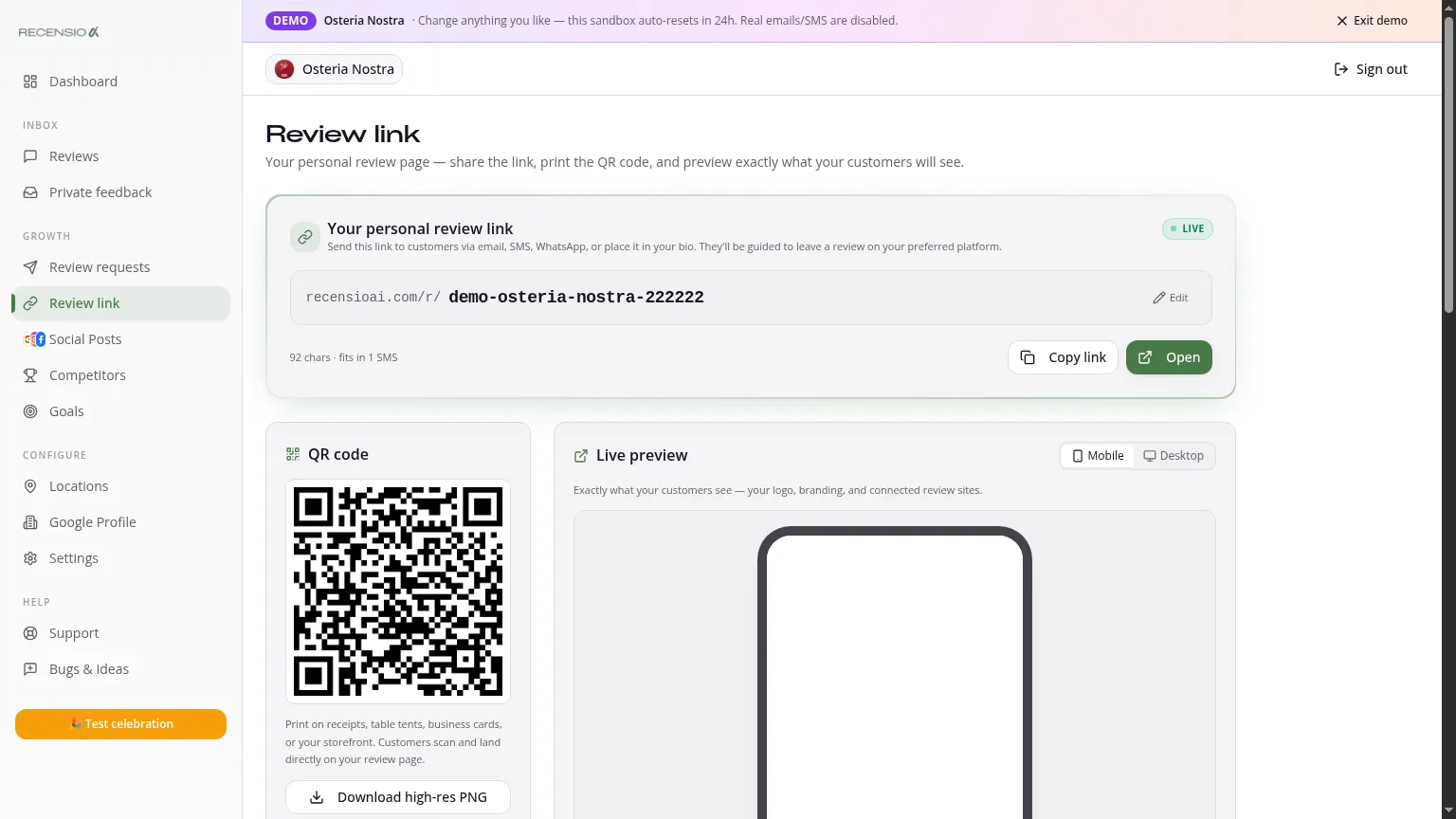 Smart Review Link, set up & brand