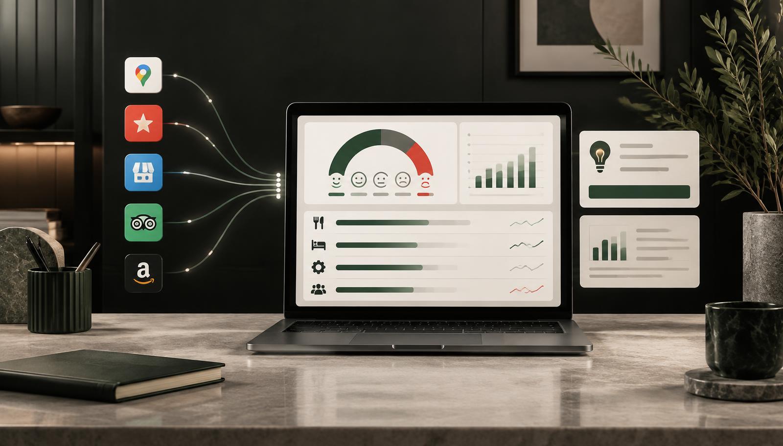 Several review platforms feeding one sentiment dashboard