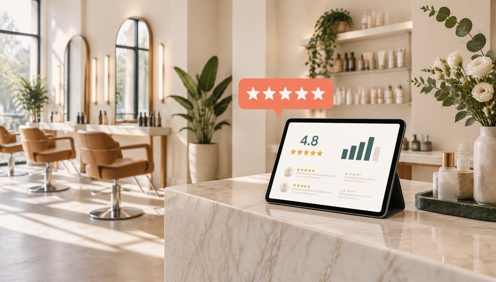 Modern salon with an overview of review score and reputation growth